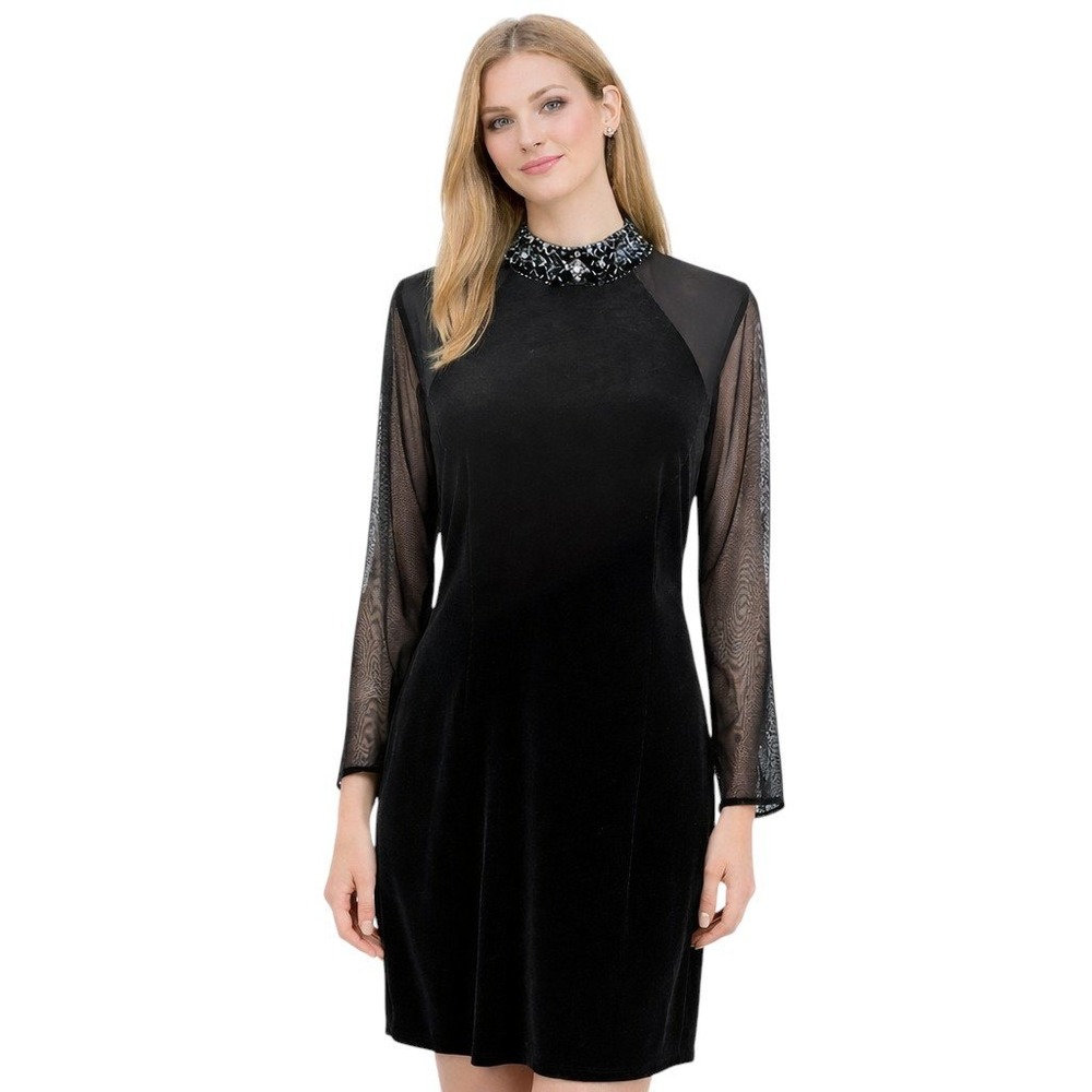 JR Nites by Caliendo Womens Dress Black Velvet Beaded Mock Neck Sheer Sleeve 12